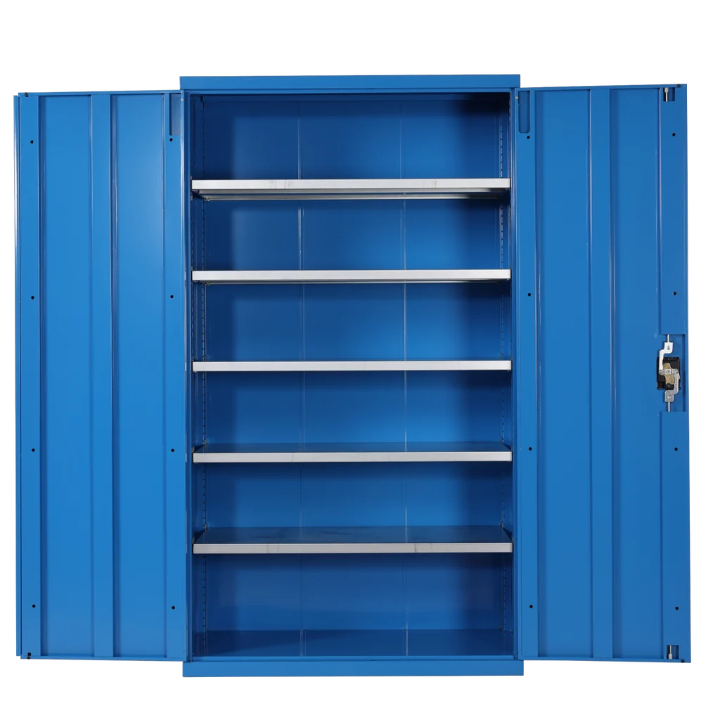 Open blue steel cabinet with adjustable shelves; product reference
