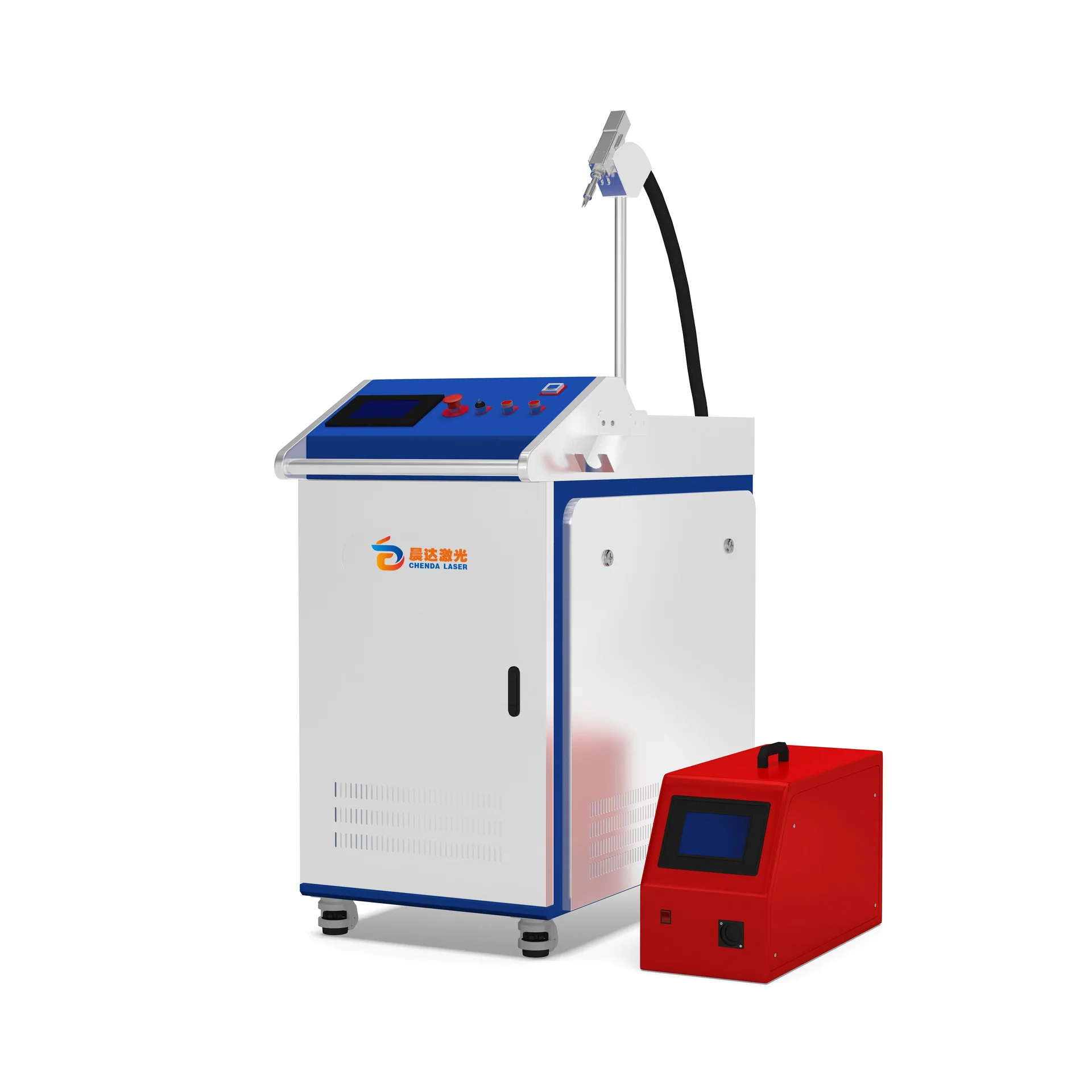 Blue and white CHENDA handheld laser welding cabinet with a welding head and external wire feeder.