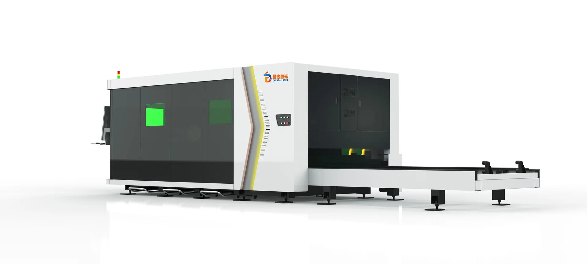 Rear view of a CHENDA-branded enclosed laser cutter showing its external exchange-table frame