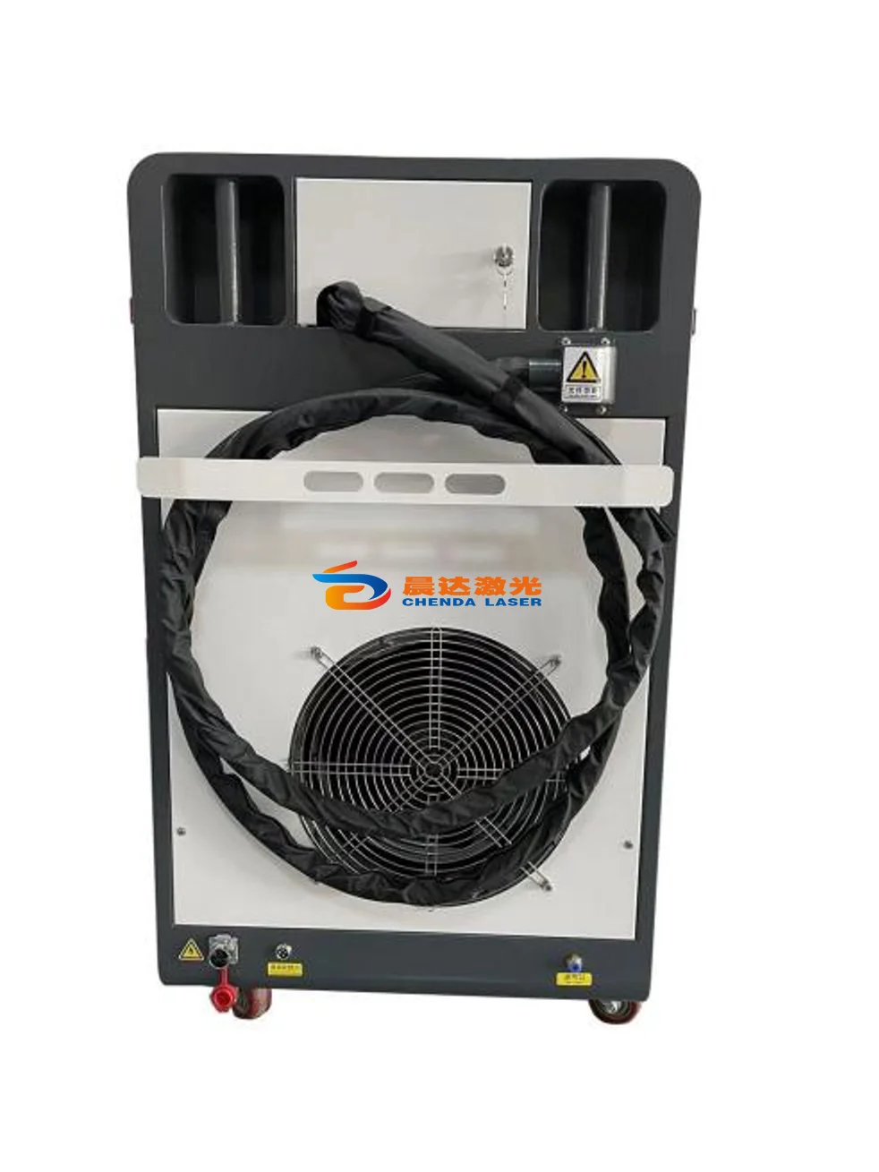 Rear of a CHENDA laser cleaning unit showing its handpiece, cable storage and fan grille.