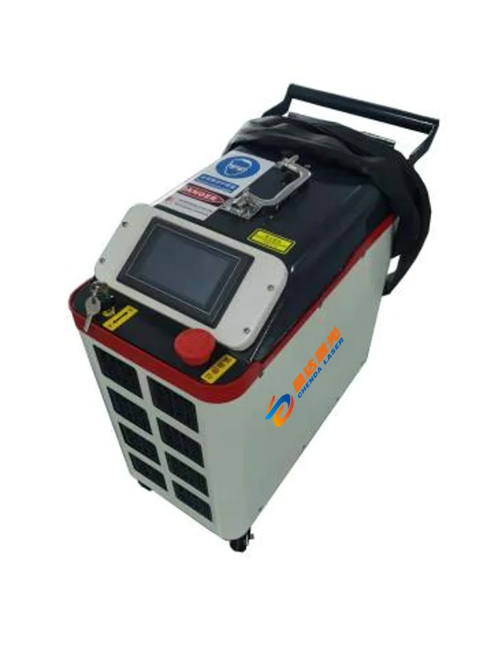 Compact CHENDA laser cleaning cart with a top display, handle and coiled cable.