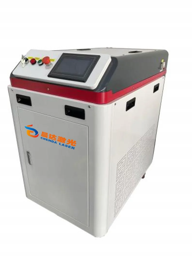 Upright CHENDA laser cleaning cabinet with a sloped touchscreen console and red trim.