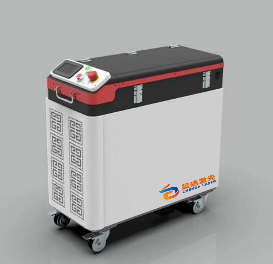 CHENDA laser cleaning cabinet with a red upper trim, sloped control panel and caster wheels.