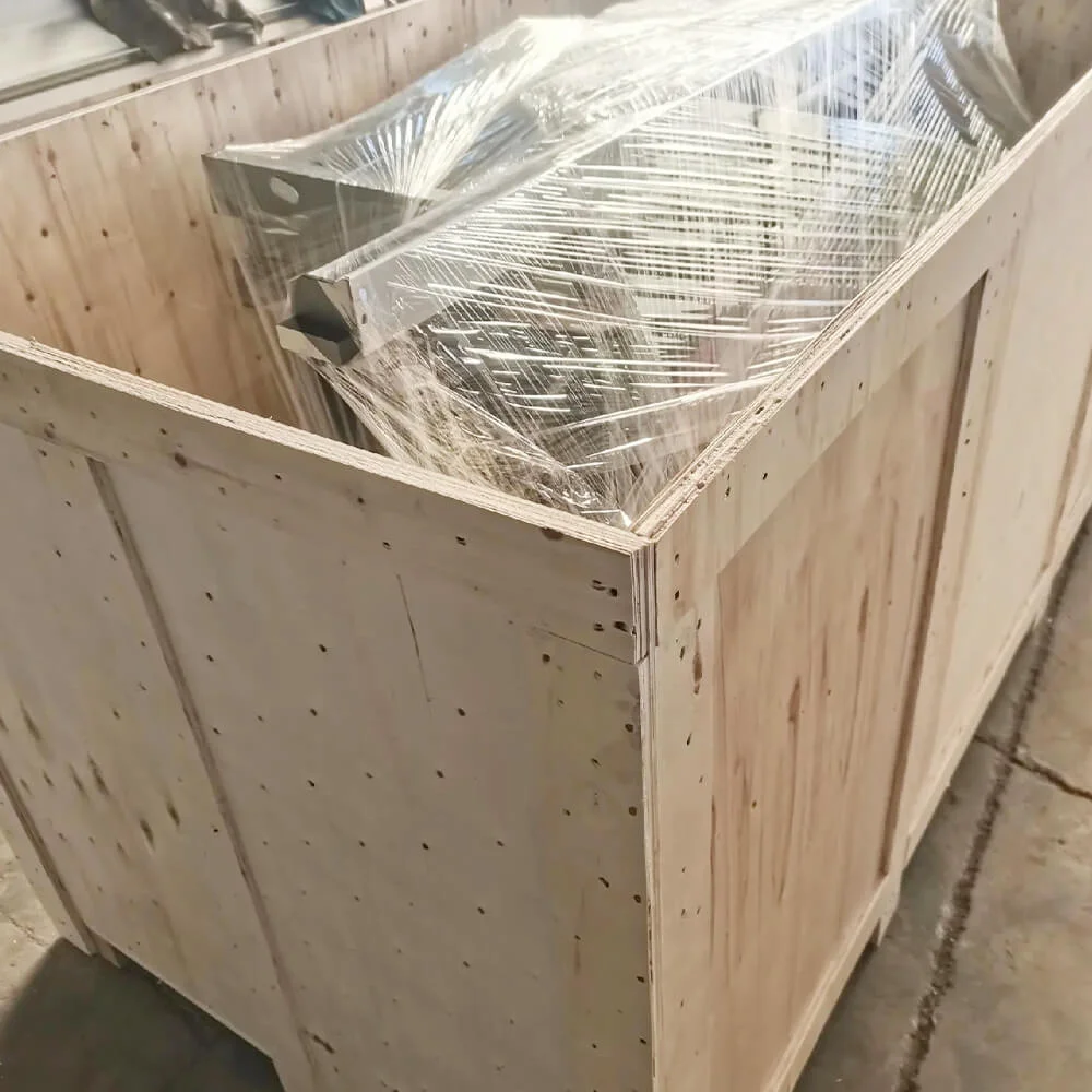 Industrial equipment wrapped inside an export crate; reference