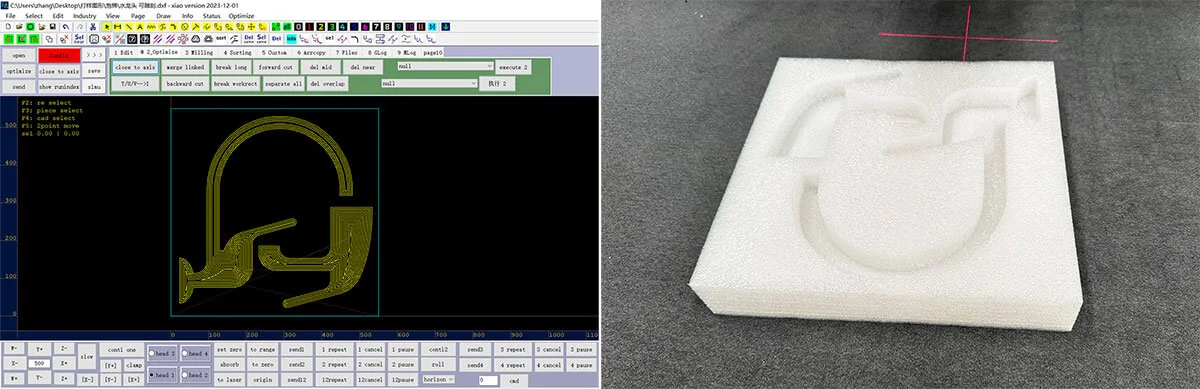CAD geometry beside a cut white foam packaging insert; process reference