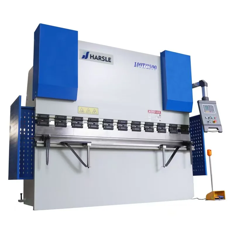 HARSLE press brake with a control panel, front supports and a foot pedal.