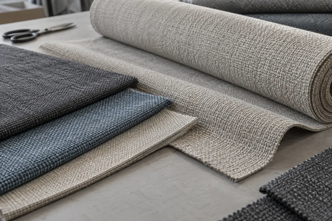 Illustrative upholstery fabric rolls and cut textile panels