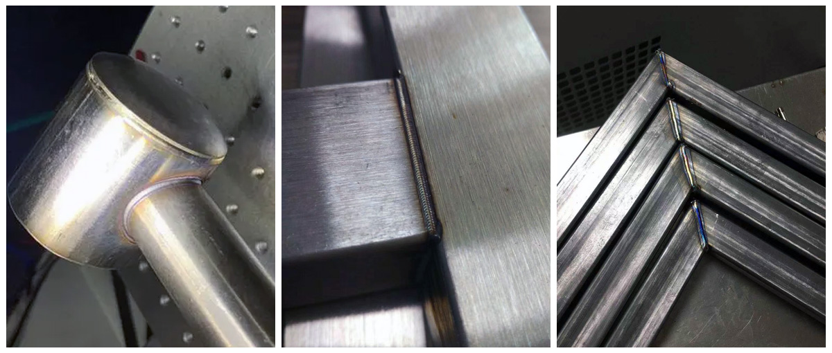 Third-party handheld-laser-welding samples showing a round-tube connection, a rectangular joint and welded mitered tube-frame corners