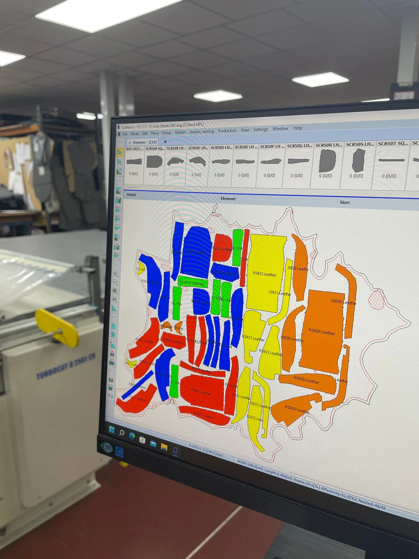 Software display with upholstery patterns nested inside a leather boundary; industry reference