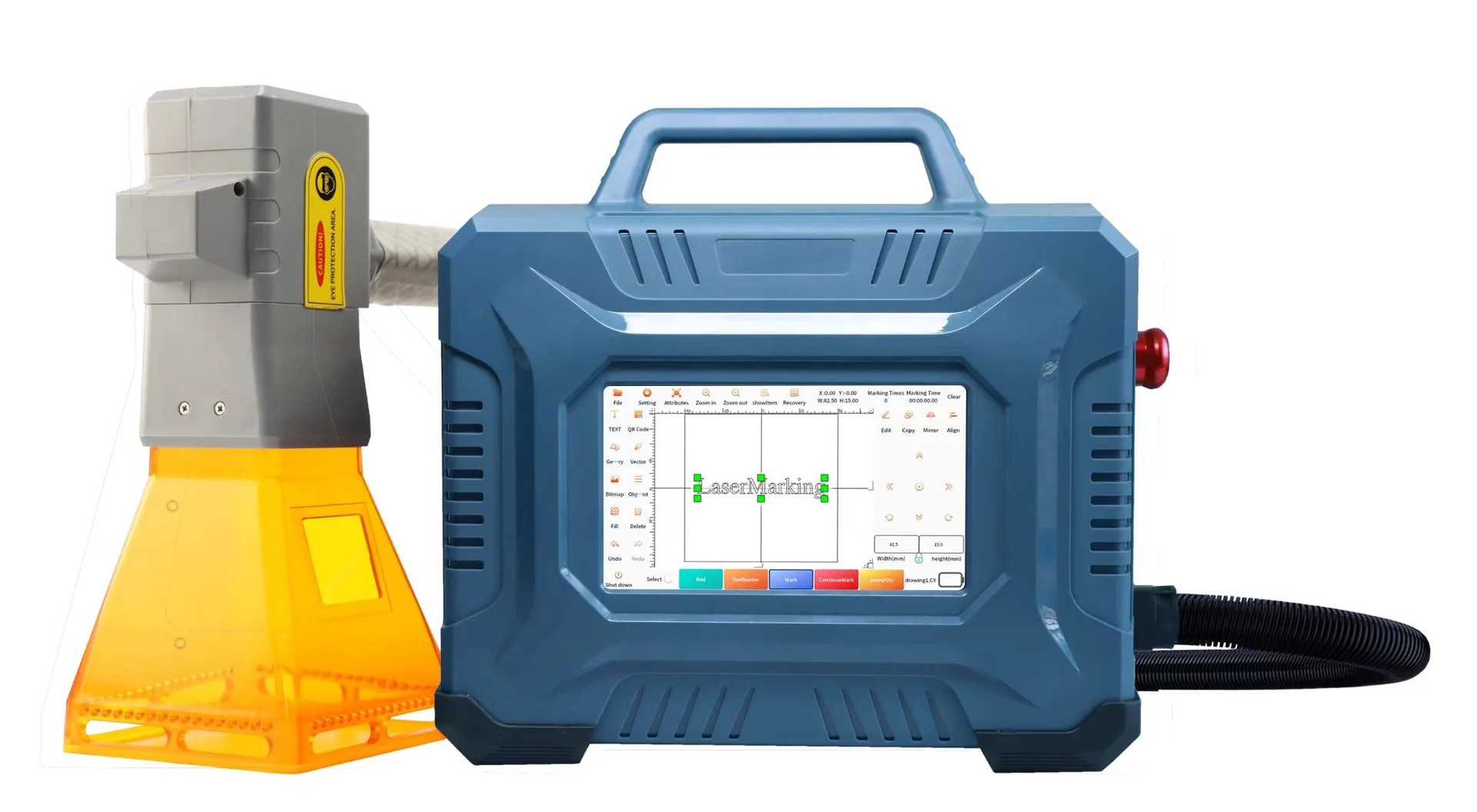Portable laser marking unit with a touchscreen case and a connected handheld marking head.