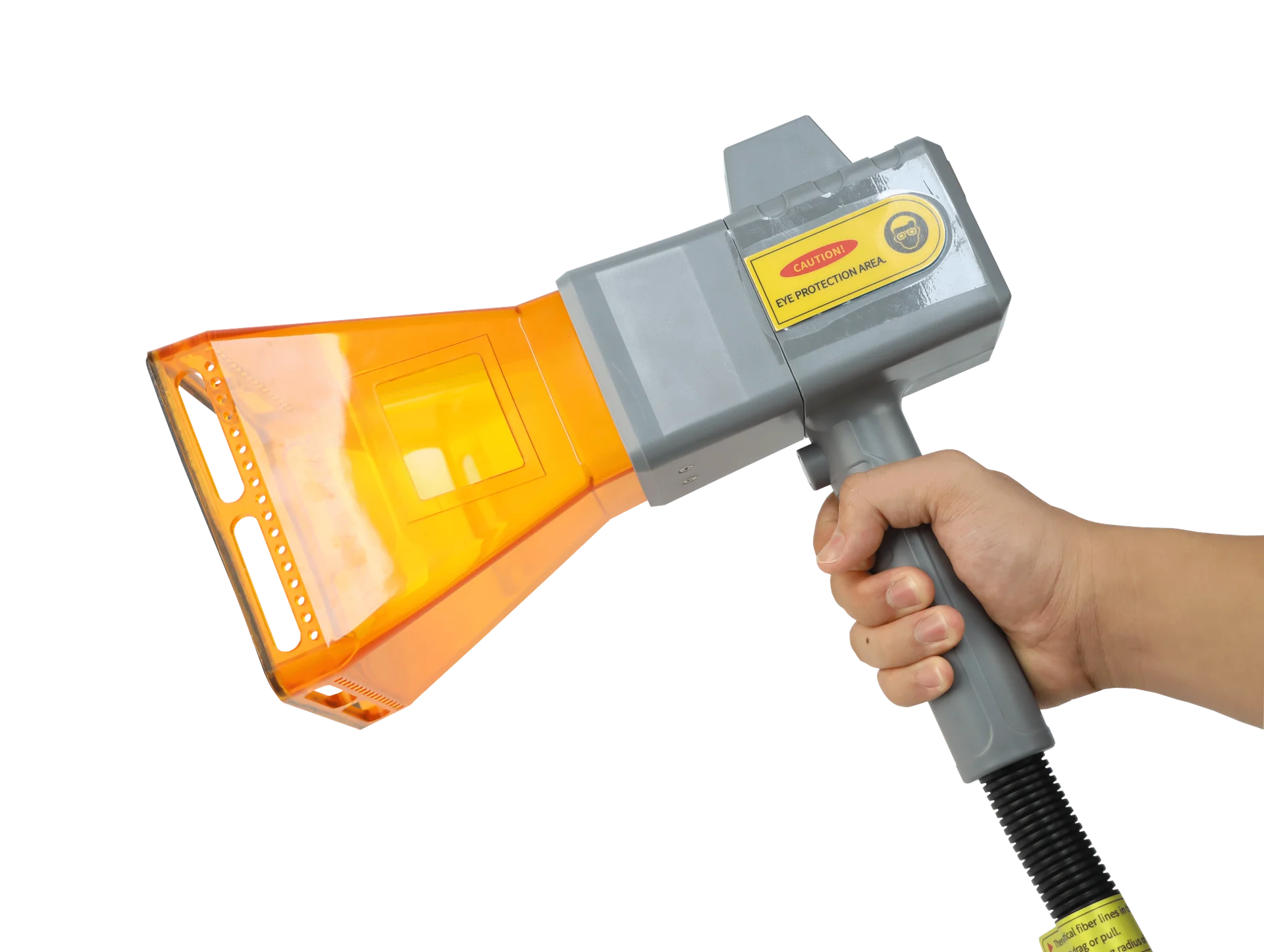 Handheld laser marking head with an orange front shroud and connected cable.