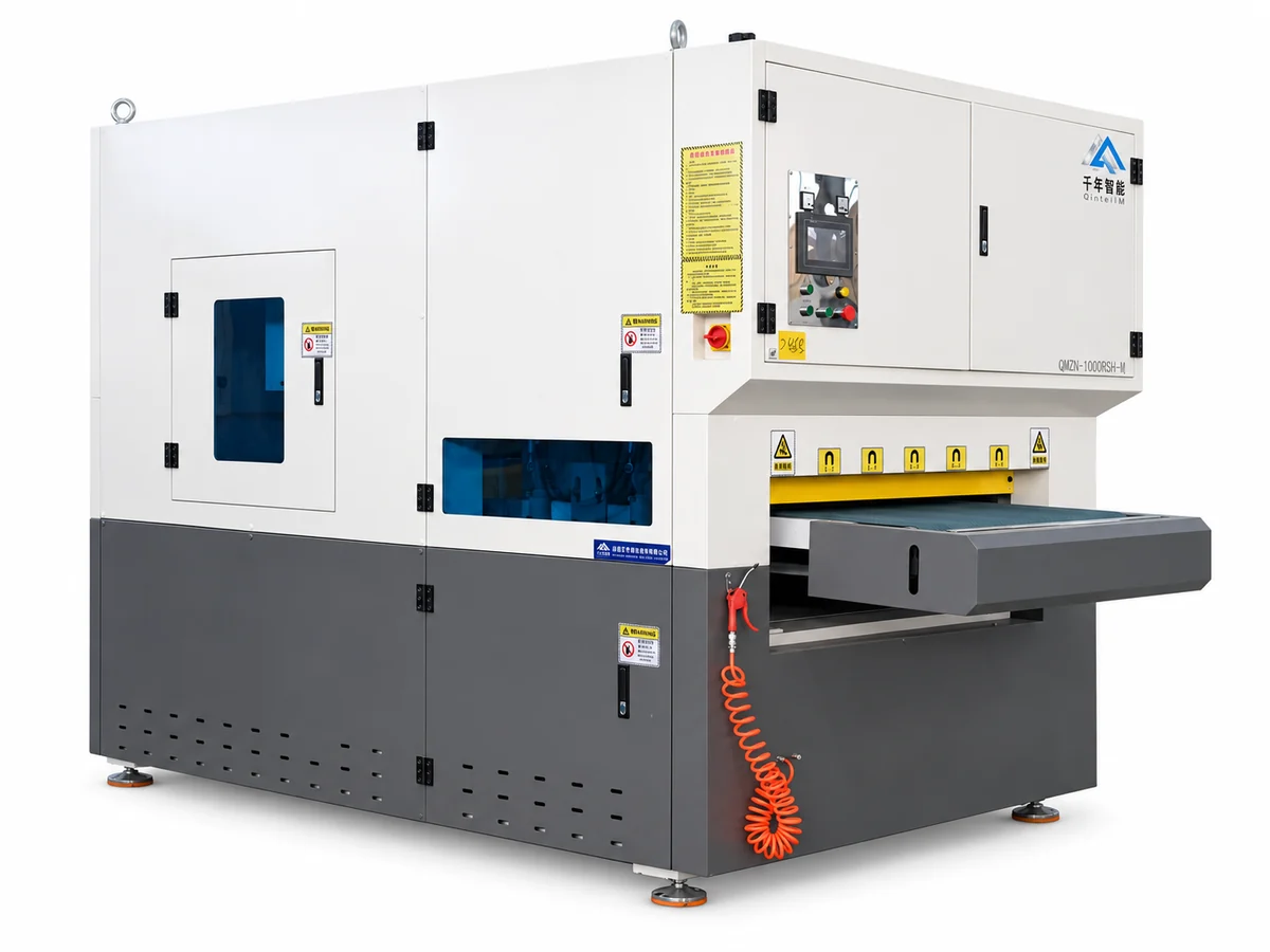 Metal deburring and finishing machine with front feed conveyor