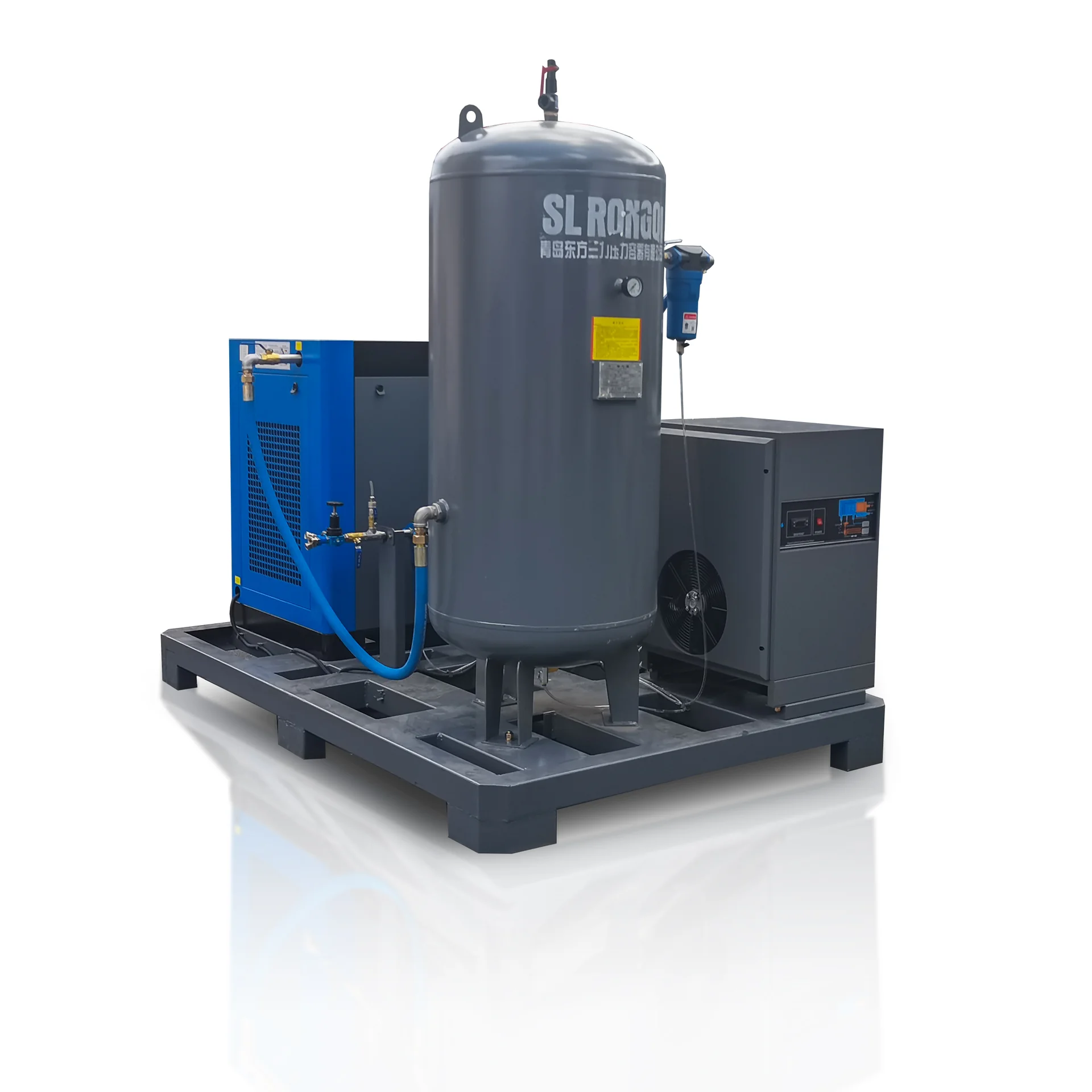 Rear view of a skid-mounted air system with vertical receiver and dryer