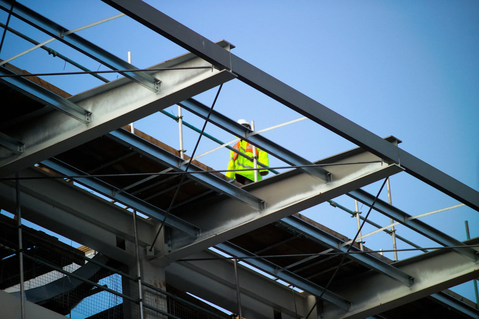 Steel beams and columns during building construction
