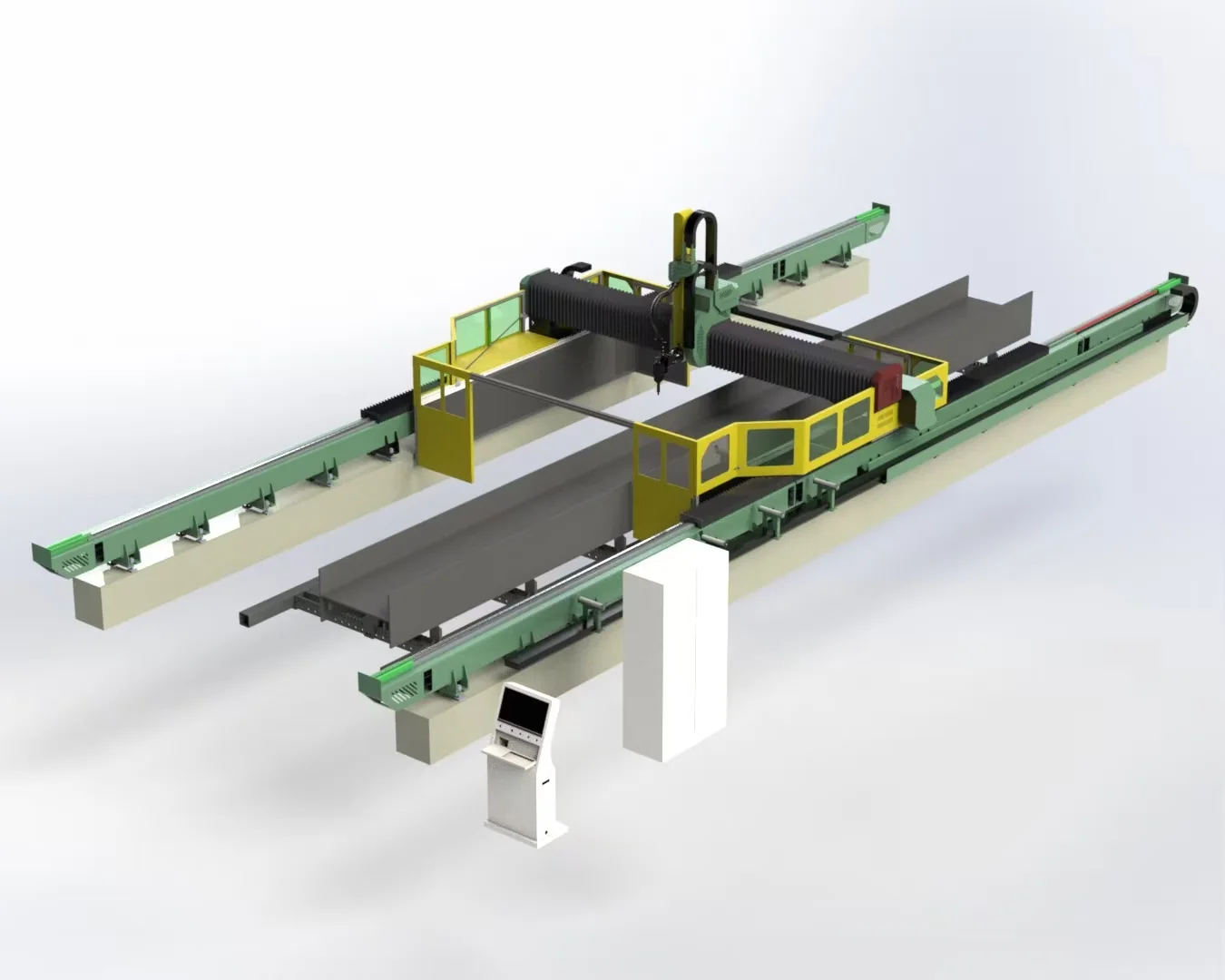 Gantry laser system around a structural steel section, equipment illustration